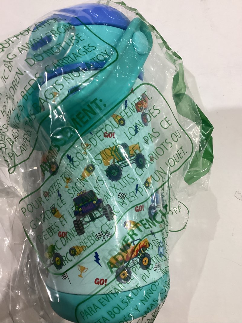 Condition photo showing Good Condition for Fimibuke Kids Insulated Water Bottle with Straw Lid & Handle - 14oz BPA FREE 18/8 Stainless Steel Metal Tumbler Leak Proof Double Wall Vacuum Kids Cup Toddler Water Bottle for School Boys Girls 1 A4.Monster Trucks