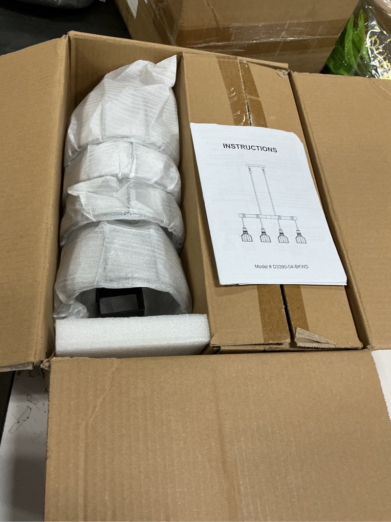 Condition photo showing item condition for 4-Light Kitchen Island Lighting, 63" Adjustable Height Pendant Light Fixtures Black Metal & Rustic Wood Modern Dining Room Chandelier Over Table with E26 Base for Farmhouse Bar