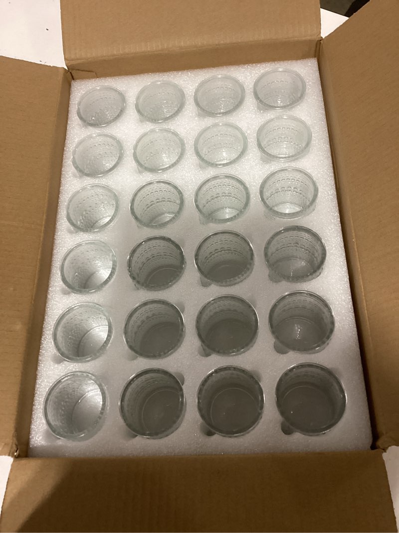 Condition photo showing Good Condition for 24 pack clear glass votive candle holders, vintage candle holder for floating candle, tealight candle holder for table centerpieces home bridal shower birthday christmas wedding party table decoration