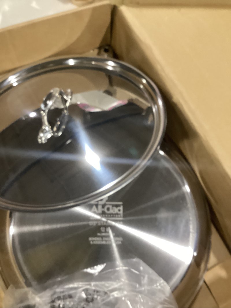 Condition photo showing As Is for All-Clad D3 12" Stainless Steel Frying pan W/Lid, 3-Ply Stainless Steel Pan, Induction, Oven Broiler Safe 600F Skillet, Professional Cookware, Silver Silver 12-Inch
