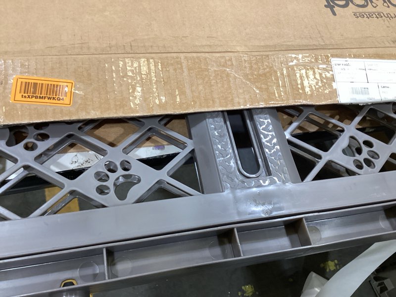 Condition photo showing As Is for mypet north states paws portable pet gate: 26-40" wide. pressure mount. no tools needed. made in usa, 23" tall, expandable, durable dog gates for doorways, fieldstone gray