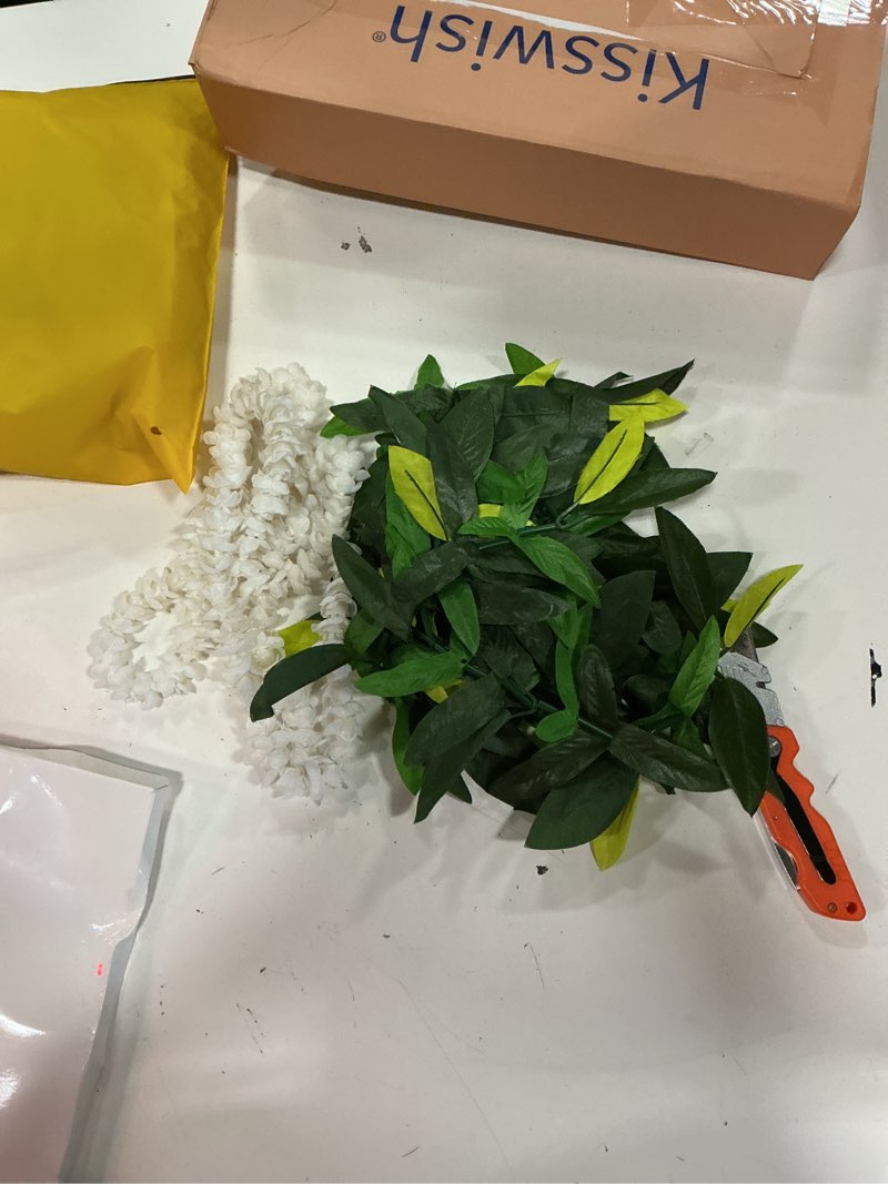 Condition photo showing Good Condition for thiccywoov 2 pcs summer hawaiian luau maile and lei artificial beach hawaii maile lei green leaf white flower necklace for summer wedding party hawaiian luau party, 4.9ft pikake