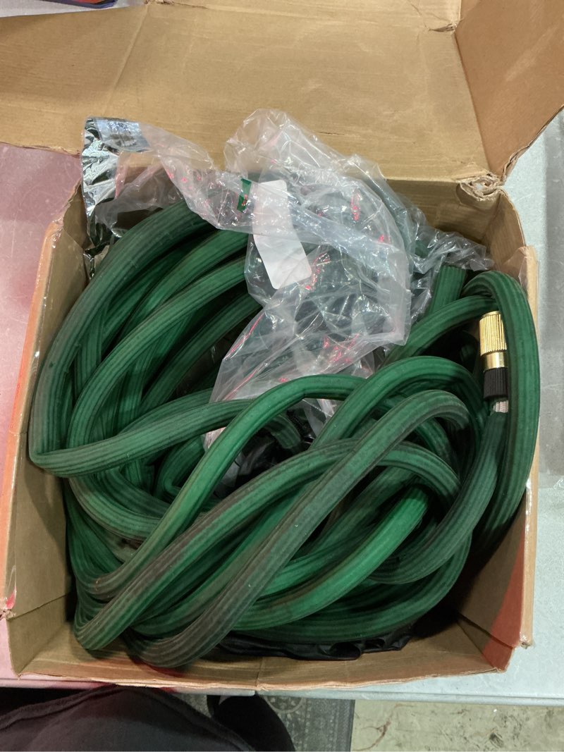 Condition photo showing As Is for garden hose 100 ft non-expandable water hose, flexible & lightweight kink resistant hybrid hose, leak-proof heavy duty, super durable fabric with 3/4" solid brass connectors 100ft green