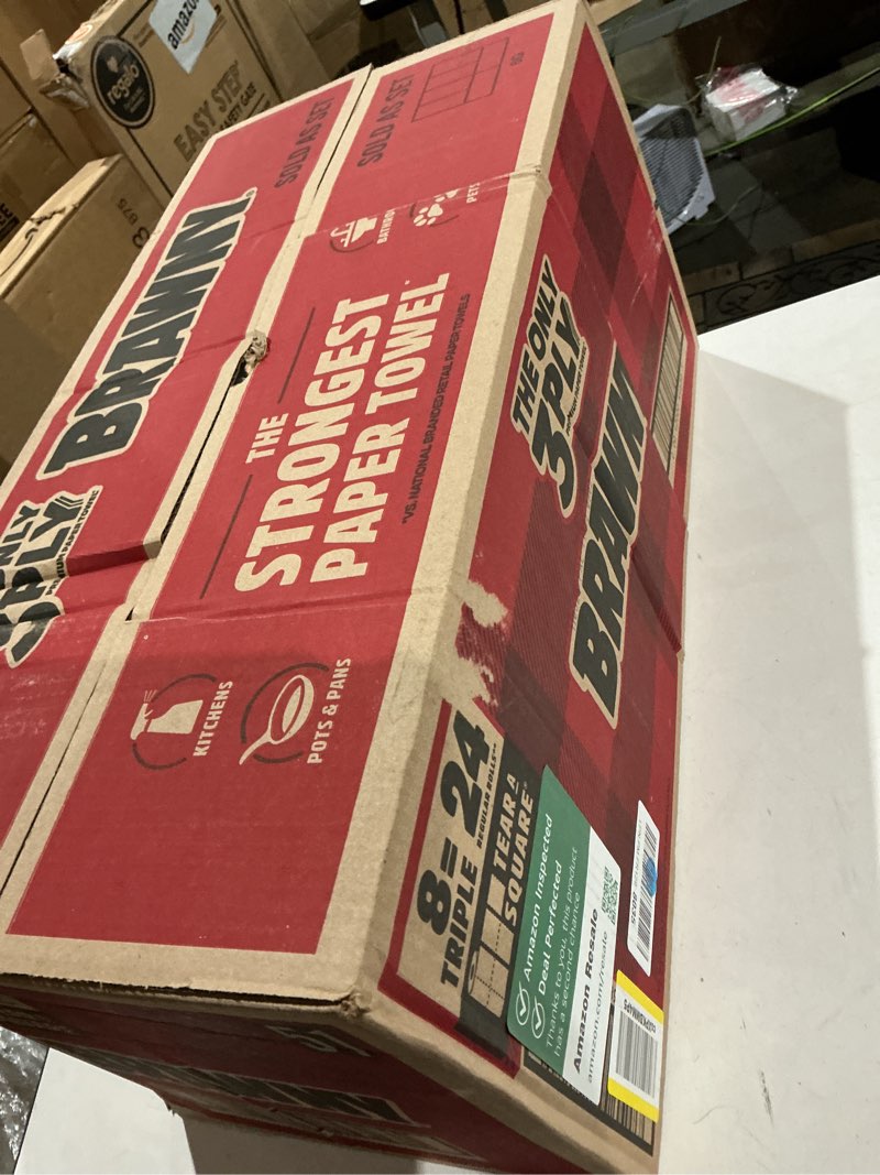 Condition photo showing Good Condition for brawny tear-a-square 3-ply paper towels, 8 triple rolls = 24 regular rolls, strong, absorbent, and d