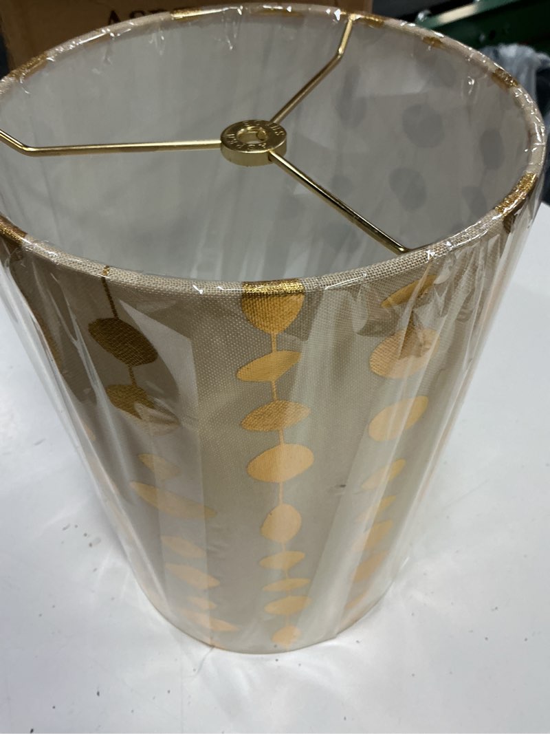 Condition photo showing Good Condition for aspen creative 31097 transitional drum (cylinder) shaped spider construction lamp shade in beige & gold printed, 8\" wide (8" x 8\" x  6\")
