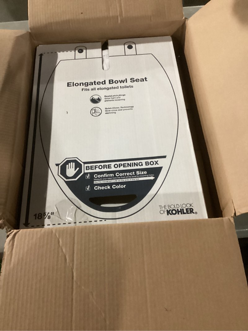 Condition photo showing New/Like New for mayfair linden slow close toilet seat, non slip heavy duty wood, easy install, elongated, white elongated traditional hinge