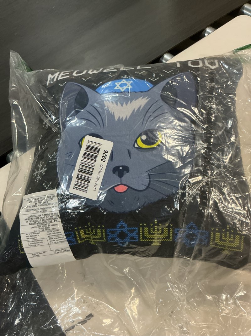 Condition photo showing Good Condition for Meowzel Tov Ugly Hanukkah Cat Chanukah Jewish Throw Pillow