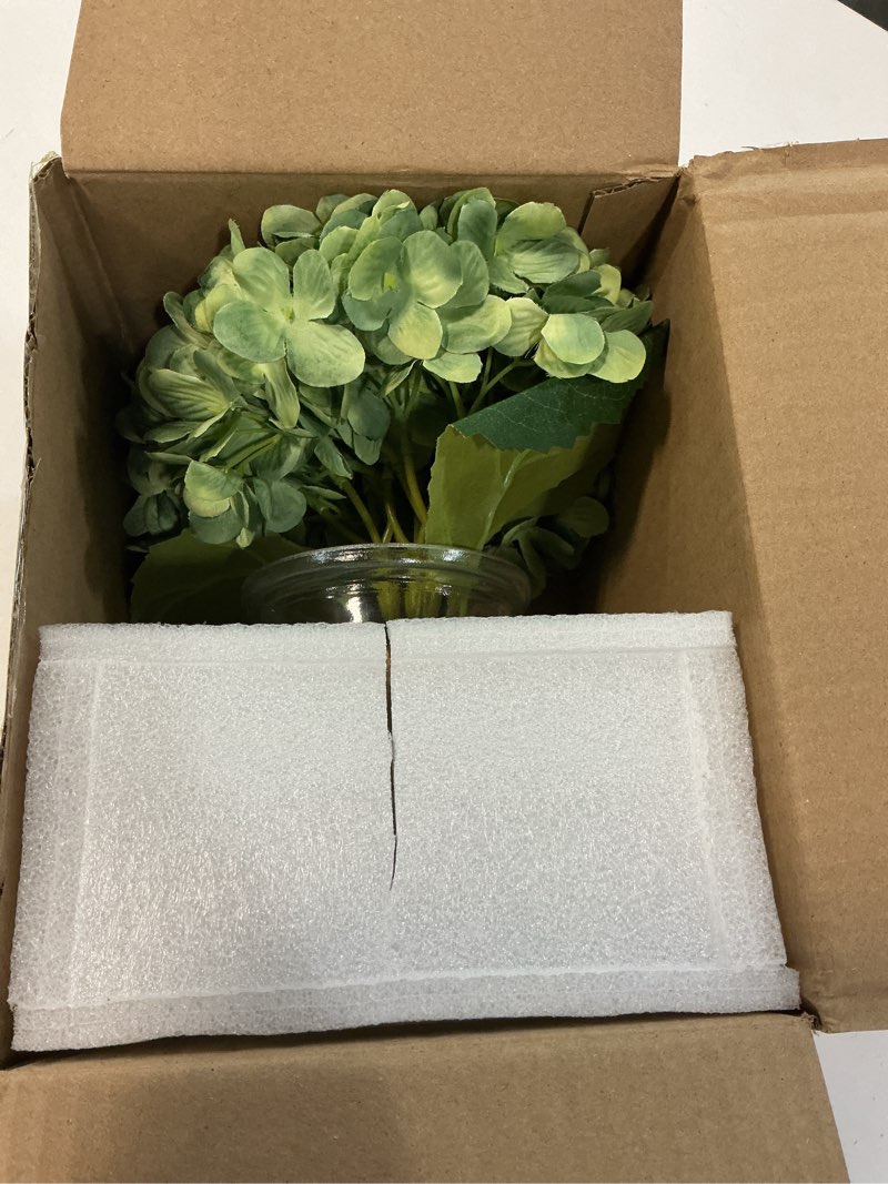 Condition photo showing Good Condition for hollyone dark green hydrangea artificial flowers with glass vase silk faux flowers arrangements in vase with faux water fake floral bulk bouquet for home decor table centerpiece decorations hydrangea, dark green