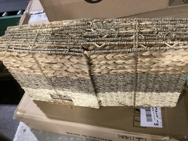 Condition photo showing New/Like New for 11 inch cube storage bins, wicker storage baskets for cube shelf, natural foldable square baskets for storage, large woven storage bin with handle, baskets for pantry, living room set of 4 10.5x10.5x10.5