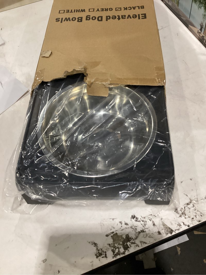 Condition photo showing New/Like New for jovrun elevated dog bowls for medium large size dogs, non-slip dog feeder with 1*stainless steel dishes & 1*slow feeder bowl, 5 heights adjustable raised bowls to 3.15?-8.66?-9.84?-11.02?-12.2? 8"for medium large dogs 1 basic&1slow bowl black