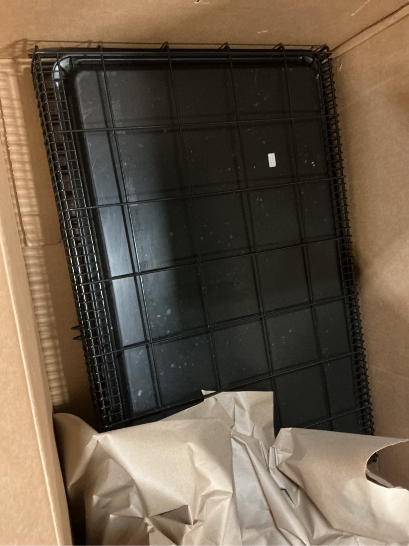 Condition photo showing As Is for amazon basics - durable, foldable metal wire dog crate with tray, single door, 30 x 19 x 21 in, black 30.0"l x 19.0"w x 21.0"h single door w/ divider