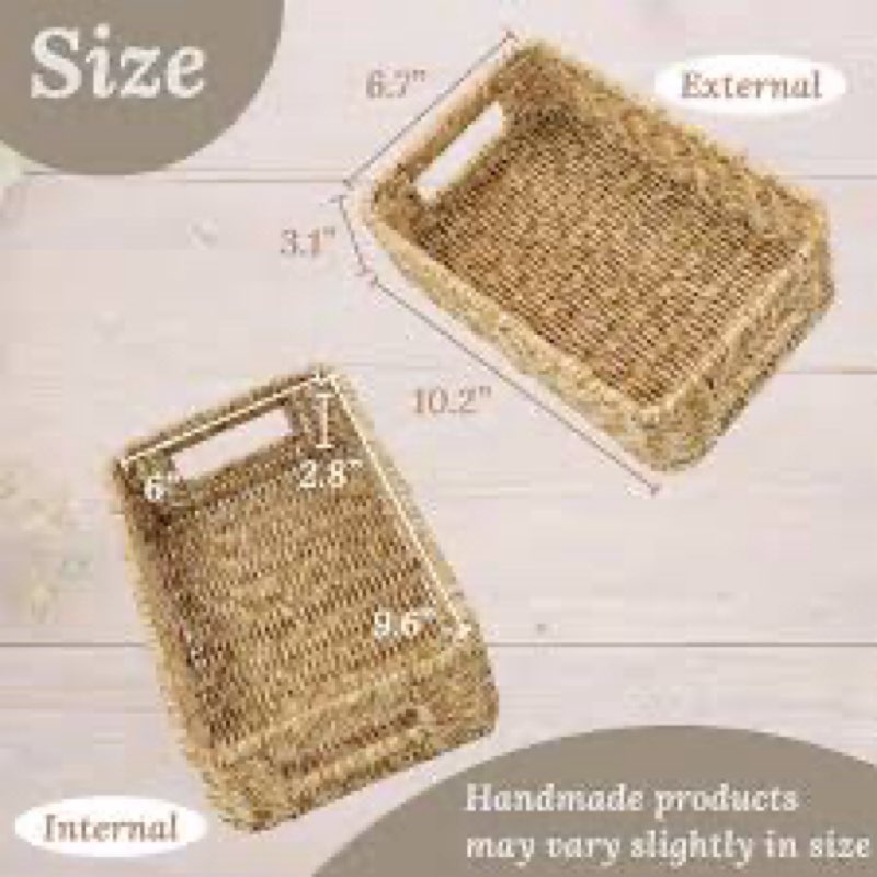 Large Wicker Basket Rectangular with Wooden Handles for Shelves, Water Hyacinth Basket Storage, Natural Baskets for Organizing, Wicker Baskets for Storage 14.5 x 10.3 x 7.5 inches