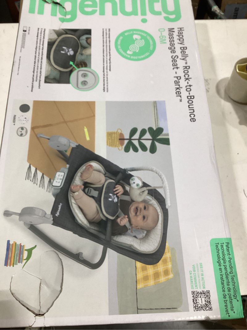 Condition photo showing New/Like New for Ingenuity Gas Relief and Anti-Colic Baby Bouncer Seat and Rocker, Gentle Belly Message to Relax and Soothe Bellies, Instant Tummy Soother, 20 Songs and Melodies – Parker Gray-Parker