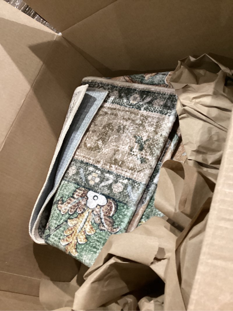 Condition photo showing As Is for Area Rugs 5'x7' Washable Non-Slip, Floral Vintage Distress Print Pattern Medallion Carpet for Living Room Bedroom Dining Room, Brick Red Rust Neutral Brown Burnt Orange Green Brick/Brown/Green 5' x 7' (Rectangular)