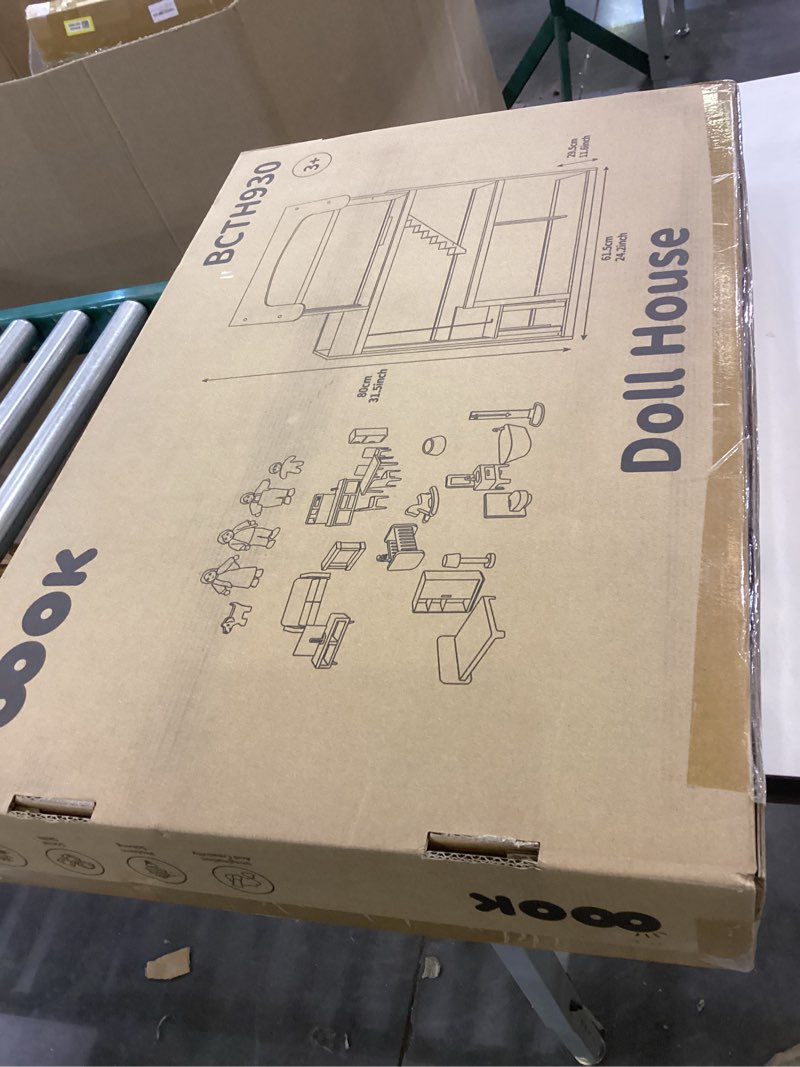 Condition photo showing New/Like New for OOOK Wooden Dollhouse with Liftable Elevator - 2.6 Feet High Modern Doll House for Kids Toddlers - Including 21 Furniture Pieces, 4 Family Dolls, and 1 pet