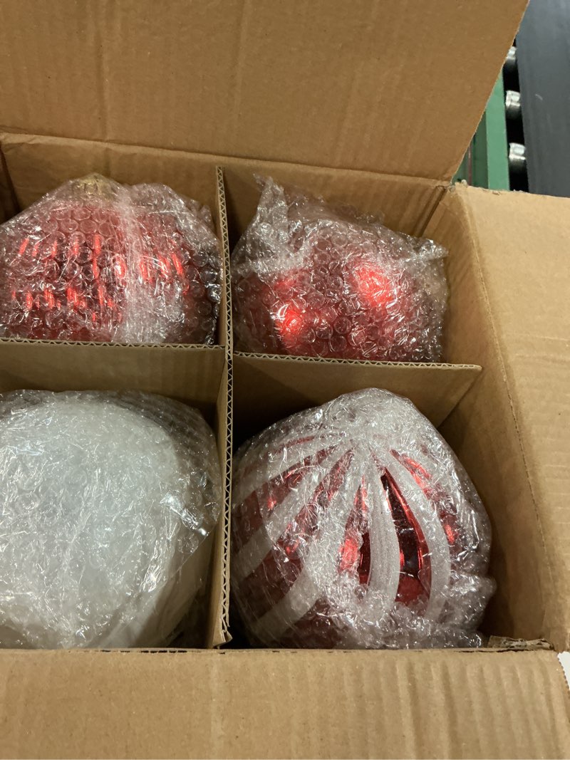 Condition photo showing New/Like New for 8 Pack Large Christmas Ornaments Balls 6 Inch Jumbo Big Glitter Hanging Balls Red and White Candy Plastic Giant Oversized Christmas Ornament for Indoor Party Outdoor Xmas Tree Decor(Vivid) Vivid Style