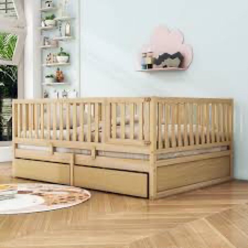 Storage Wooden Floor Bed with Guardrails and 2 Drawers