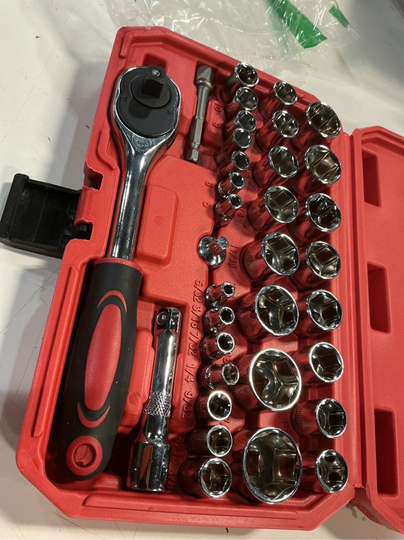 Condition photo showing Good Condition for egofine 34 pieces 3/8 inch drive socket ratchet wrench set, with socket set metric/sae and extension bar for auto repairing and household, with storage case 3/8" 34 pcs