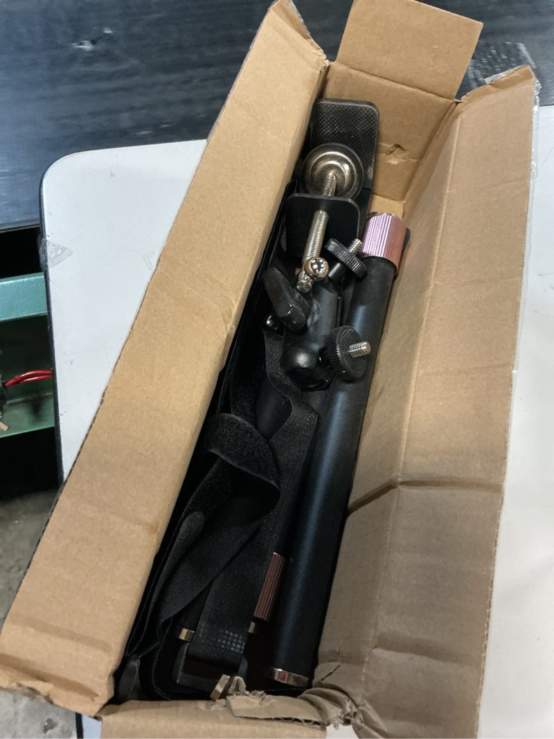 Condition photo showing As Is for dust collection boom arm for cnc machine, adjustable clamp-on dust hose holder, flexible dust collection support, strap fits 1.25"-2.5" hoses, prevents hose sag & keeps work area clean