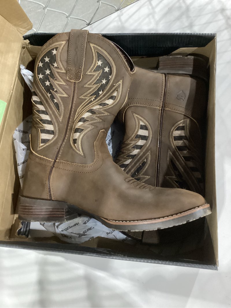 Condition photo showing As Is for SUREWAY Western Boots For Men - Mens Square Toe Cowboy Boot, Oil/Slip Resistant, Durable Fashionable Classic Pull on 10 Inch Mid-Calf Wellington Boots,SIMILAR TO STOCK PHOTO, SIZE 9.5 USED