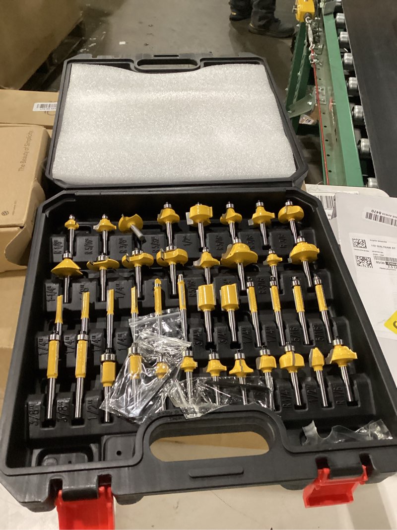 Condition photo showing New/Like New for csoom 100 pcs carbide router bit set, 1/4 inch shank woodworking tools | carbide cutting edges for woodworking, blow molded storage case for tidy storage, universal 1/4 inch shank fits most routers 100pcs