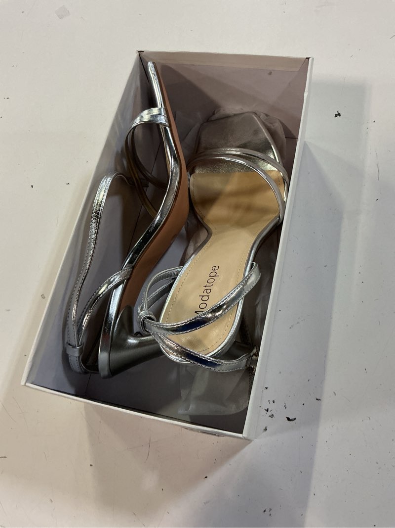 Condition photo showing Good Condition for modatope womens sandals square open toe chunky high heels strappy ankle strap sandals comfort dress party shoes 9 silver pu