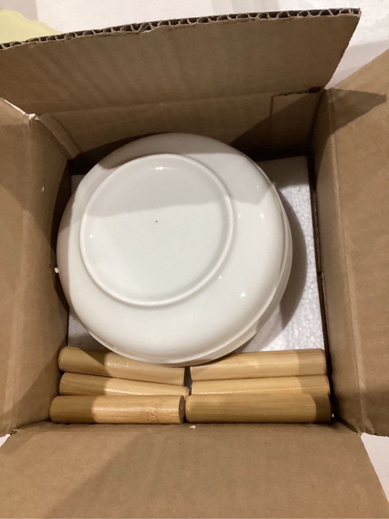 Condition photo showing Good Condition for Shallow Elevated Cat Bowls with Bamboo Stand, 5.9 Inch Wide Ceramic Cat Dish Whisker Friendly, 2 Pack Pet Food and Water Plates White 2 pack bowl with stand