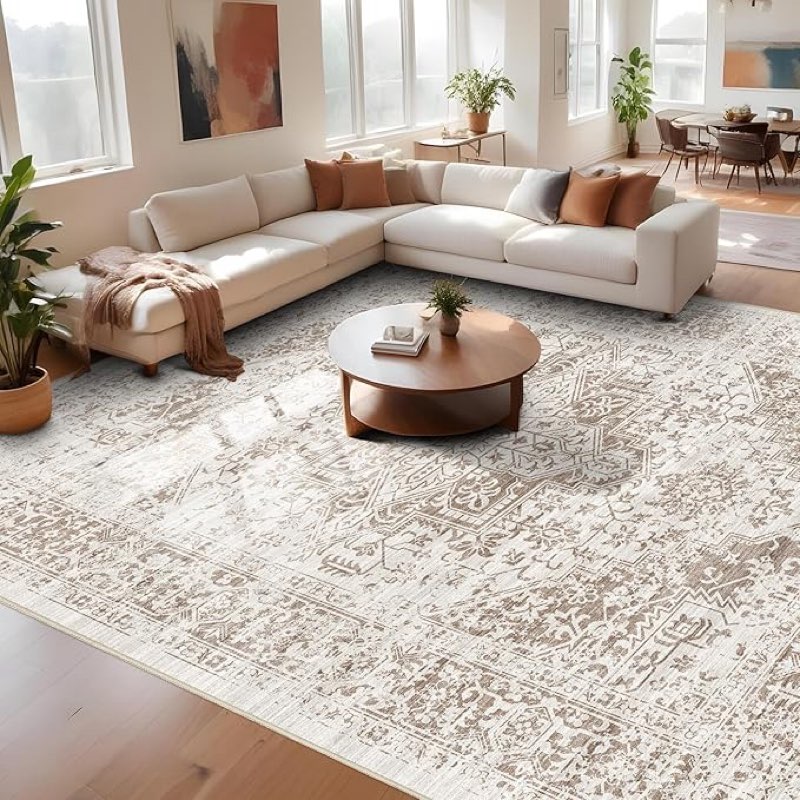9x12 Large Area Rug - Vintage Washable Rug for Living Room with Non-Slip Low-Pile Traditional Medallion Border Rugs with Stain Resistant Foldable Retro Indoor Thin Rug