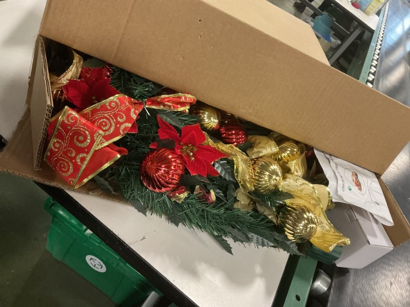 Condition photo showing Good Condition for VINGLI 6ft Pre lit Pop Up Christmas Tree with Lights, Pre-Decorated Artificial Pencil Xmas Tree Collapsible Christmas Tree Holiday Party Decorations (Red&Gold) 6FT Red & Gold