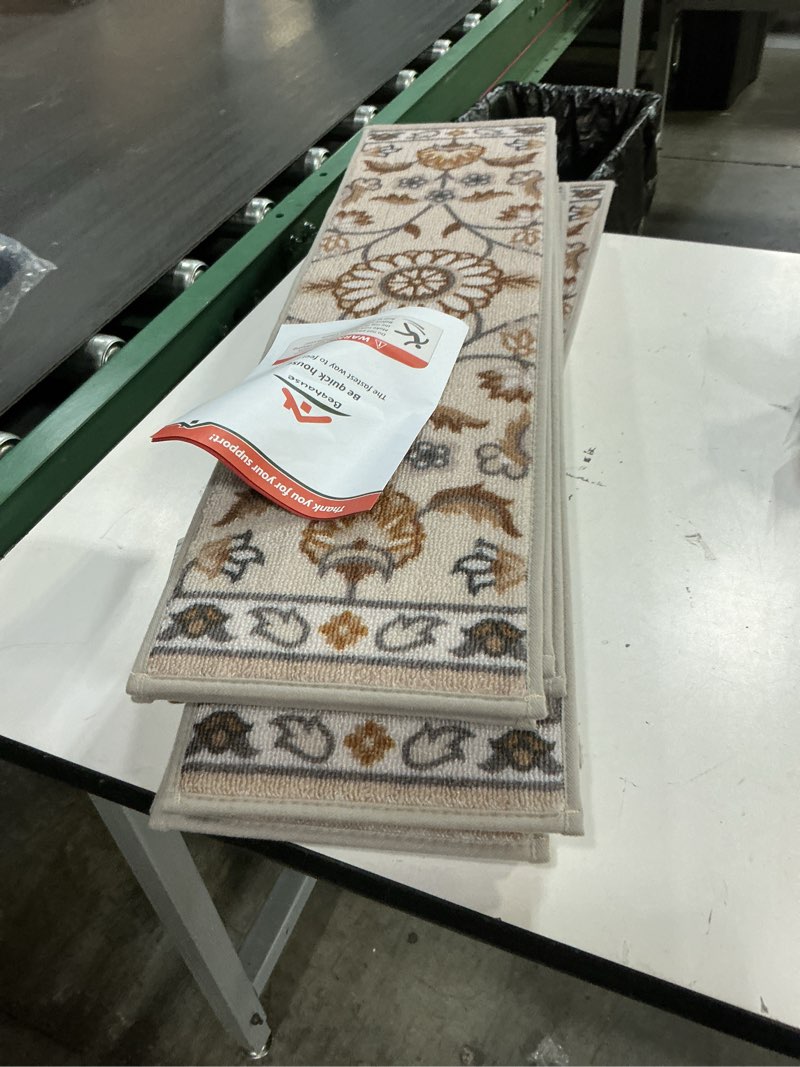 Condition photo showing Good Condition for beqhause stair treads for wooden steps non-slip machine washable carpet stair treads 8"x30" soft indoor stair rug runner for kids elders and pets, 100% polyester, tpe backing, 15pcs, brown/grey 15pcs brown/grey 15