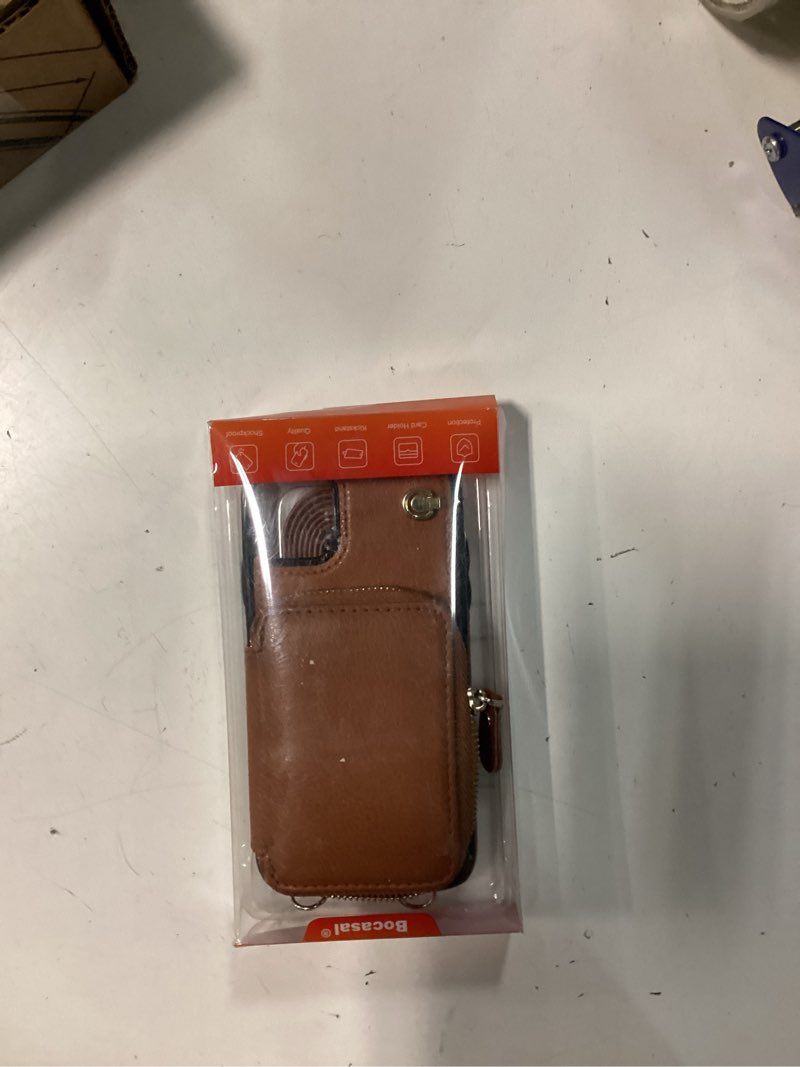 Condition photo showing New/Like New for bocasal crossbody wallet case for iphone 11, rfid blocking leather purse case with card holder, protective handbag flip cover with zipper wrist strap lanyard for women 6.1 inch (brown)