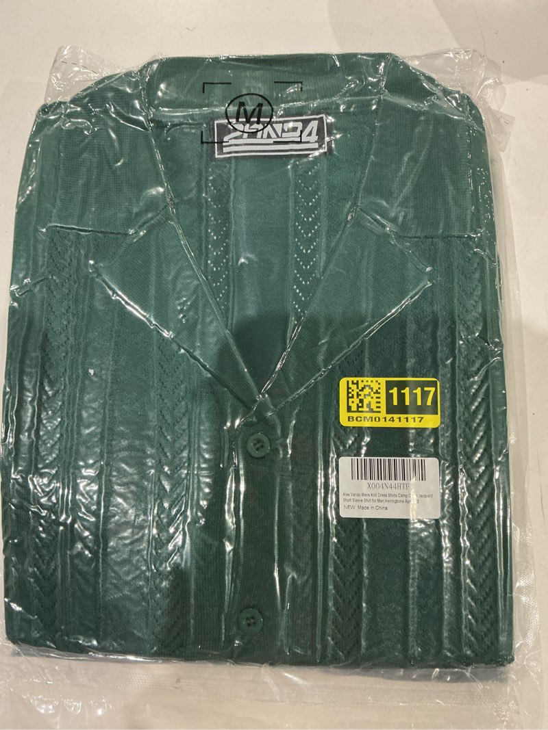 Alex Vando Mens Knit Dress Shirts Camp Collar Jacquard Short Sleeve Shirt for Men Herringbone Green Large