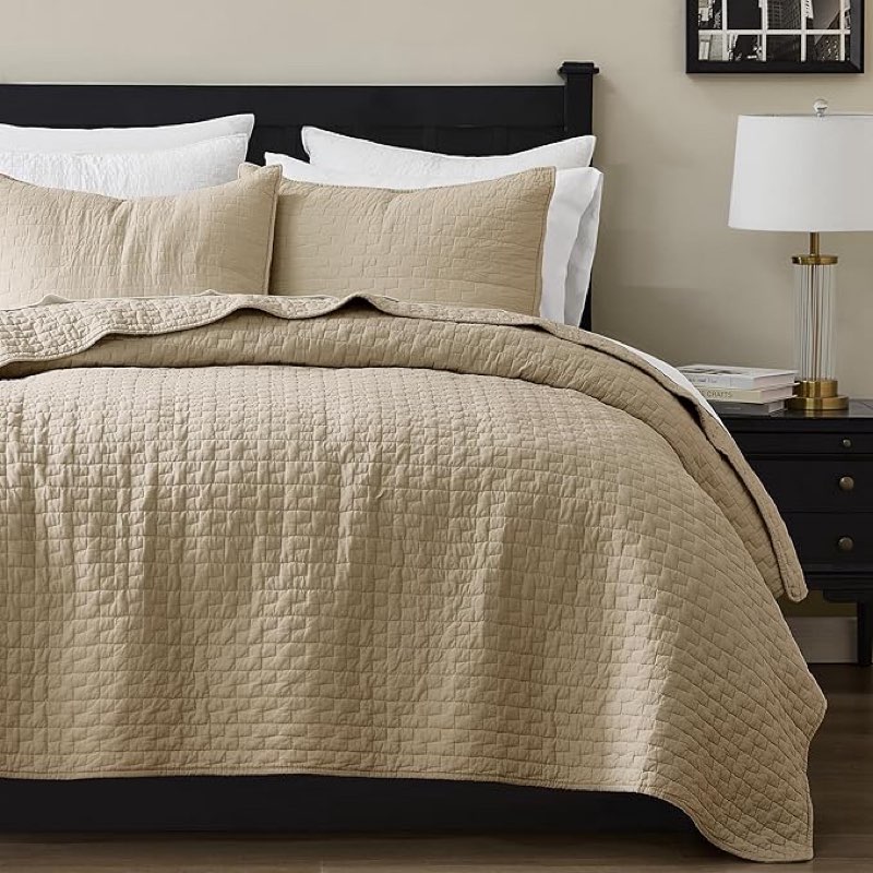 palassio striped dark beige 100% cotton quilt king size bedding sets, lightweight crinkly channel pi