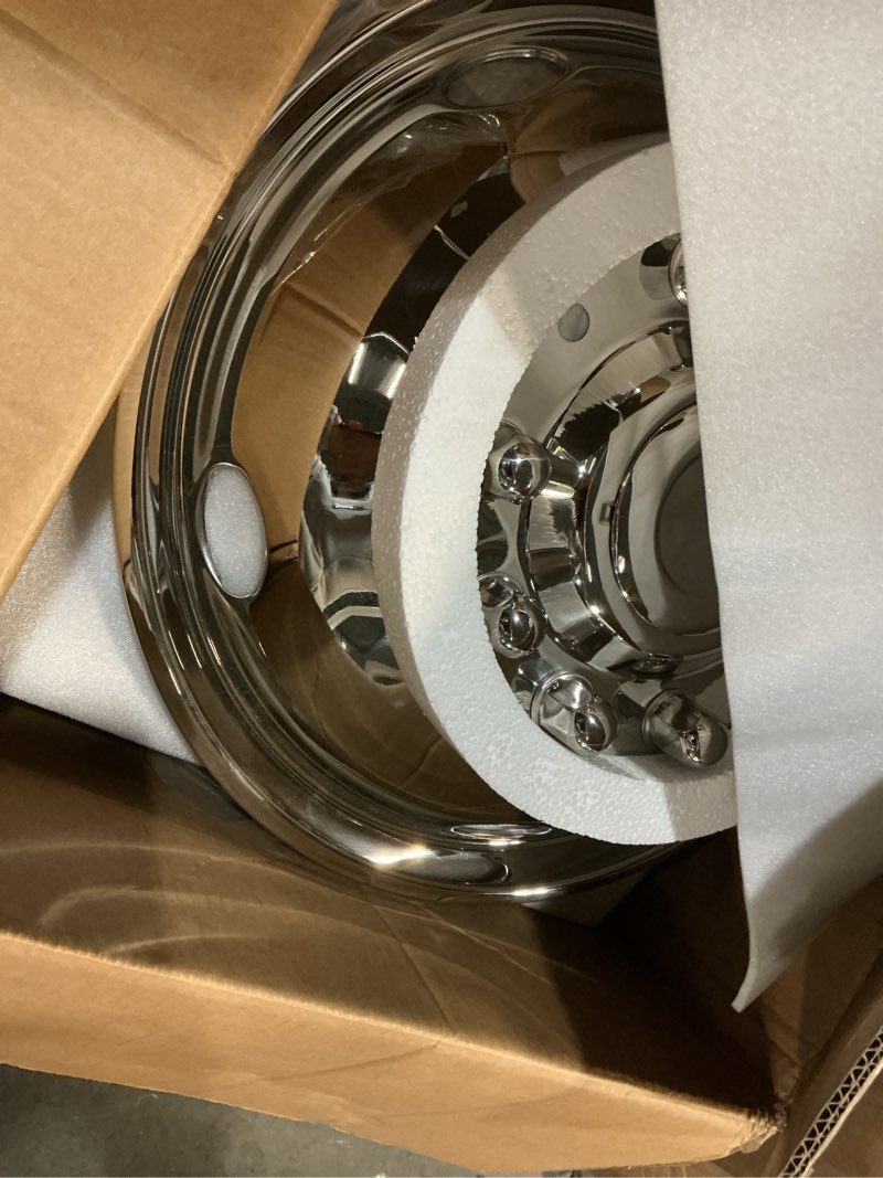 Condition photo showing Good Condition for hightall 19.5 wheel simulators, 19.5" 10 lug stainless steel hubcaps,polished surface,2pcs front wheel/2pcs rear wheel,bolts on wheel cover set compatible with ford 2005-2025 f450/f550 19.5" for 2005-2025 f450 f550
