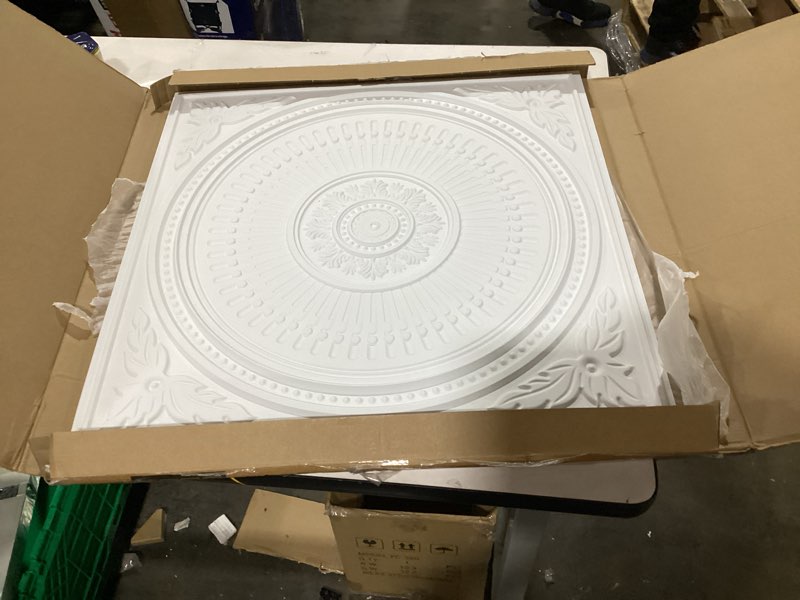 Condition photo showing Good Condition for STICKGOO Drop Ceiling Tiles 24"x24", PVC Panels Plastic Ceiling Tiles Waterproof Reusable, Covers 48 Sq.Ft., Baroque Decorative Tiles for Home & Commercial Use (Pack of 12, White)
