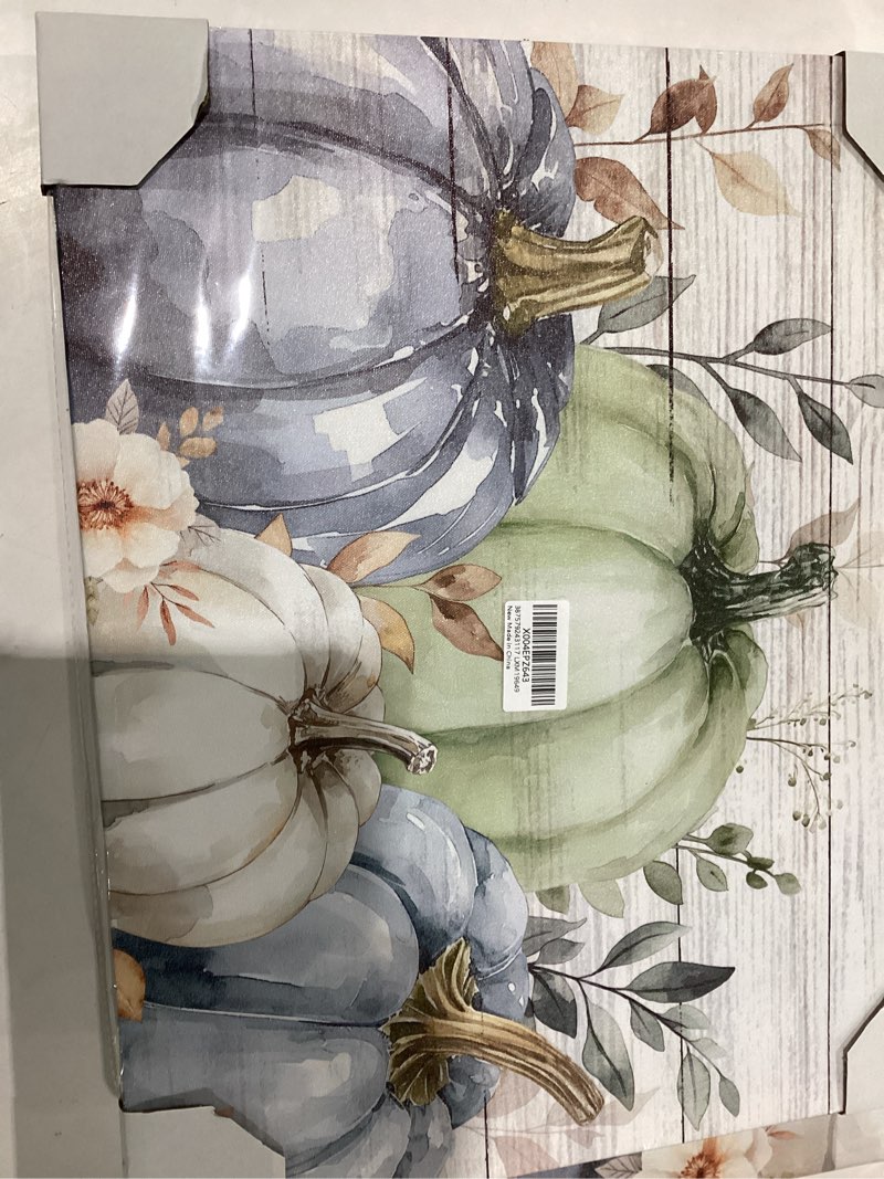 Condition photo showing New/Like New for Fall Canvas Wall Art - Thanksgiving Blue Green White Pumpkin - Modern Wall Decor Gallery Canvas Wraps Giclee Print Stretched and Framed Ready to Hang - 16" x 20" 20"L x 16"W Sky Blue Light Gray