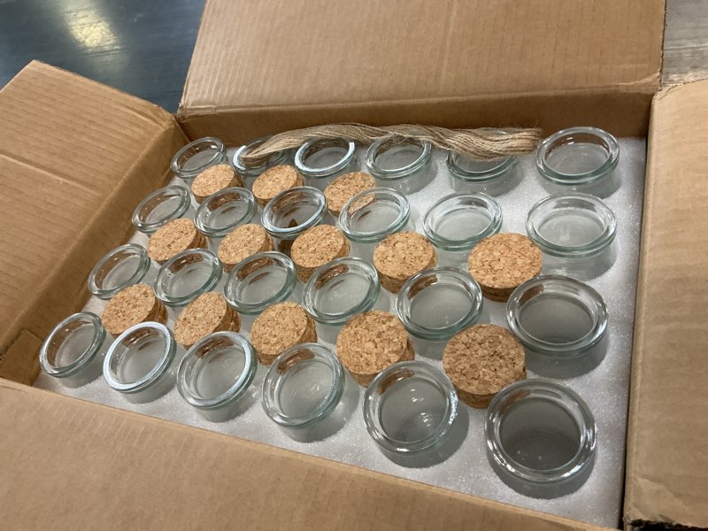 Condition photo showing New/Like New for 3.4 oz small glass jar with cork lids,48 pcs mini glass bottles,spell jars with twine and labels,pudding yogurt jar for diy crafts,wedding,gifts,party favors,baby shower
