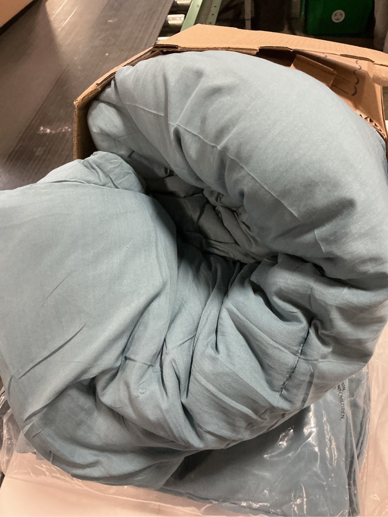 Condition photo showing As Is for Bedsure California King Size Comforter Set, Dusty Blue Soft Prewashed Bedding for All Seasons, 7 Pieces Warm Winter Down Alternative Bed Set, Fluffy Bed in a Bag with Sheets, Pillowcases & Shams California King(104"x96") Dusty Blue
