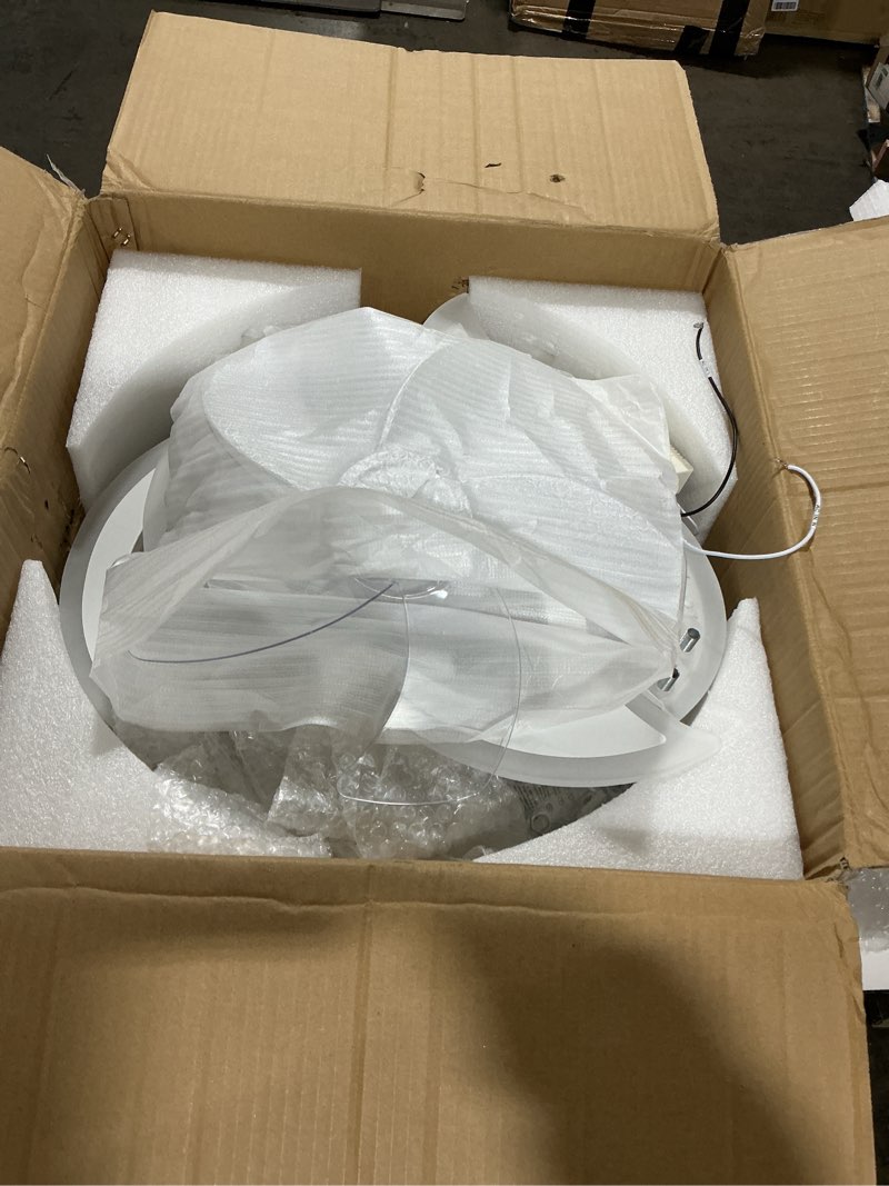 Condition photo showing As Is for 38" White Geometric Ceiling Fan with Light Remote Control, 3 Light Color 6 Speeds LED Flower Flush Mount Low Profile Ceiling Fan for Living Room 38"-White