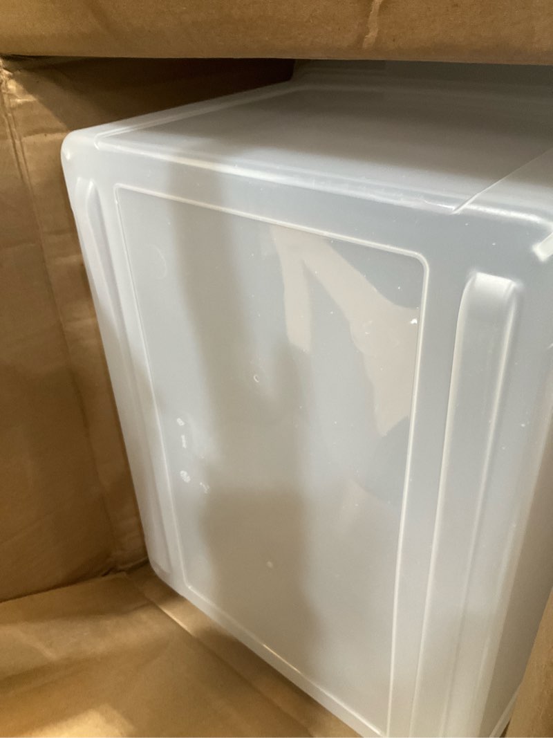 Condition photo showing As Is for iris usa file box, plastic file organizer with lids for letter/legal file, portable document box for moving, storage bin with durable and secure lid, stackable nestable bpa-free, pearl 35 qt. 4 pack pearl - 4 pack