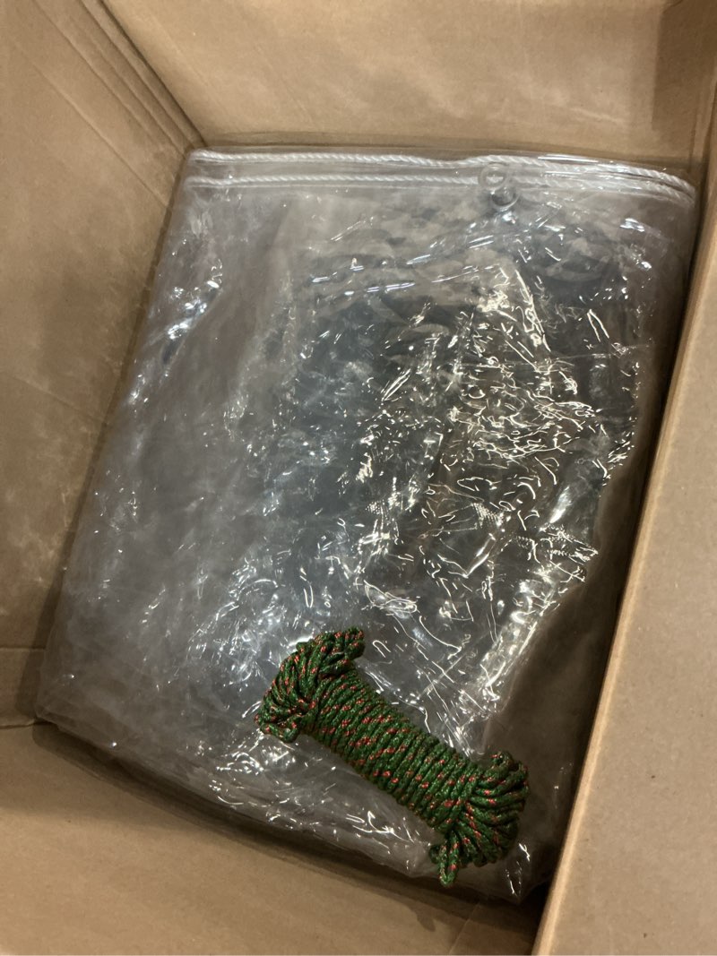 Condition photo showing As Is for clear tarps heavy duty pvc, transparent tarp durable waterproof dustproof windproof, tarpaulin with grommets & ropes for greenhouse, patio, garden, pavilion, chicken, porch, outdoor?12' x 16'?