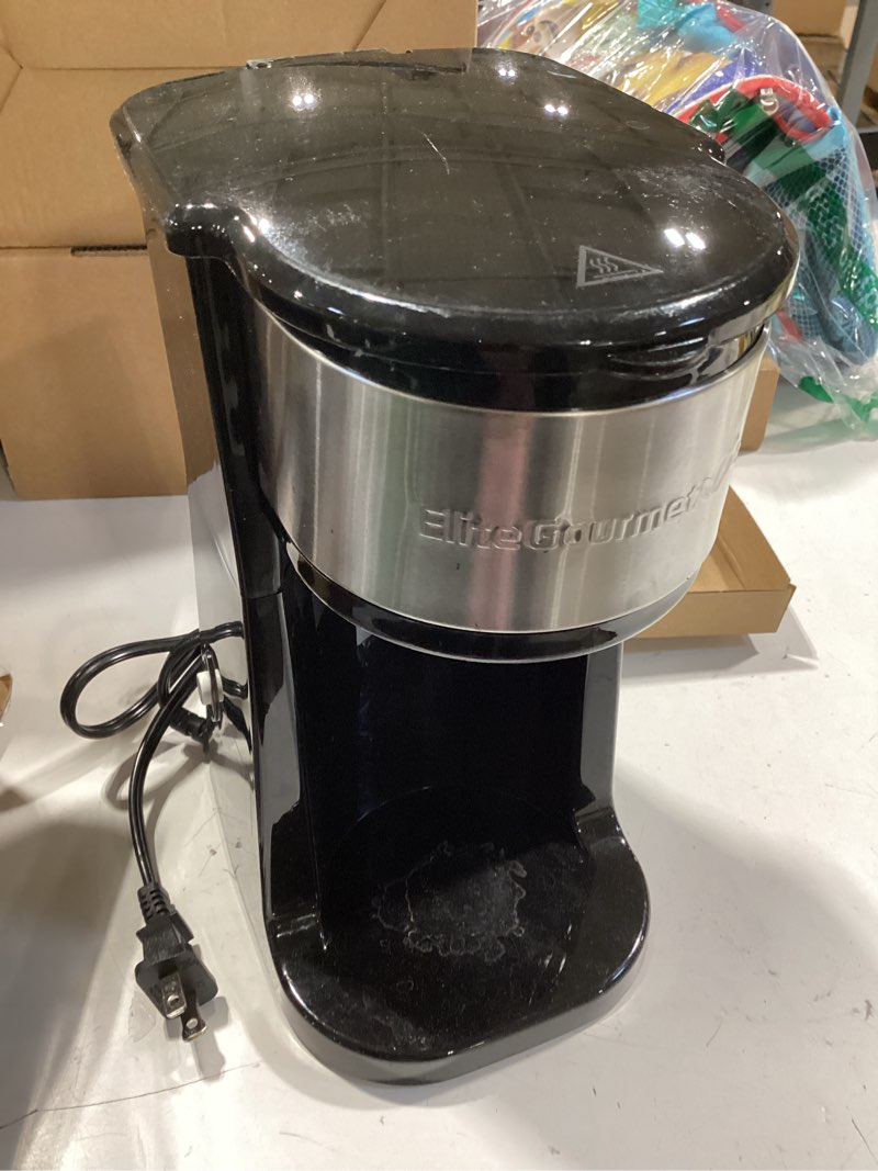 Condition photo showing As Is for elite gourmet ehc-112b personal single-serve compact coffee maker, black | includes 14oz stainless steel interior thermal travel mug, reusable filter - compatible with coffee grounds