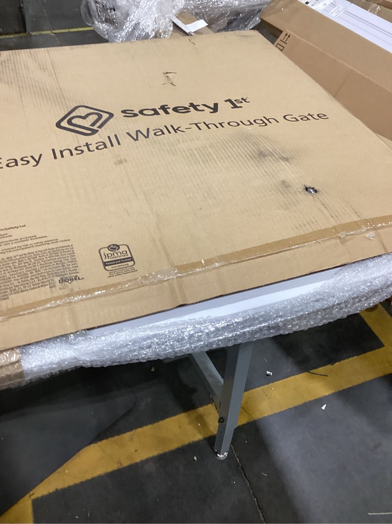 Condition photo showing As Is for safety 1st easy install walk thru baby gate for doorway with door, dog gates, fits 29"-38", easy install 28" tall, white 1-pack 29" to 38" wide x 28" tall white
