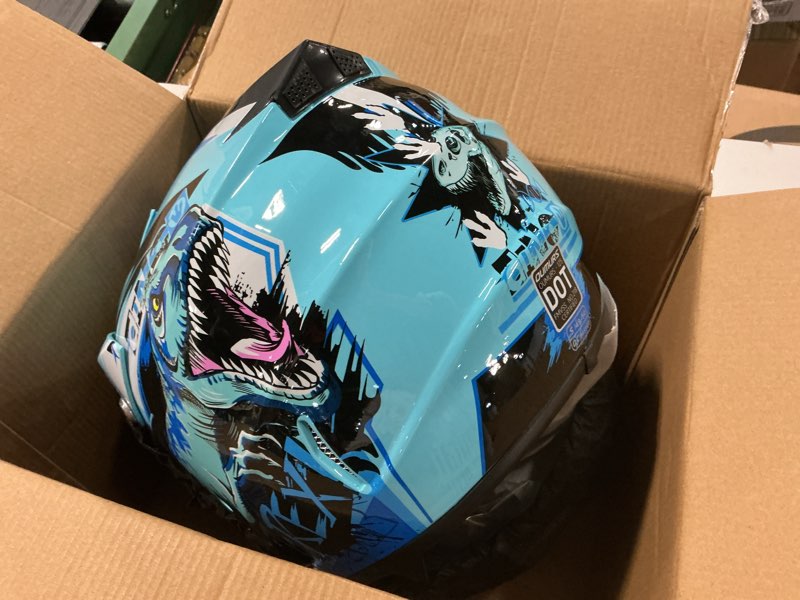 Condition photo showing Good Condition for dot youth dirt bike helmet with goggles & gloves for 5-14 years old, kid atv helmets for youth boys girls, four wheeler helmet, motocross bmx mx utv offroad street go kart dirt bike dinosaur small dino blue
