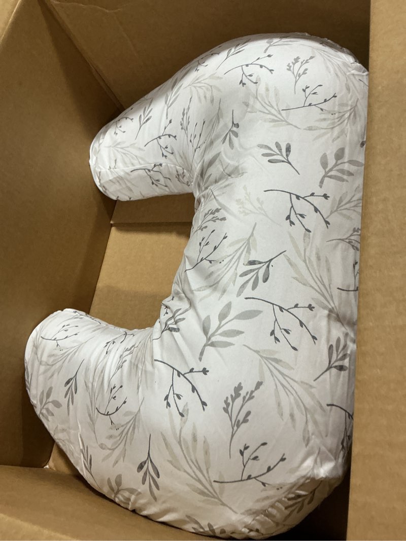 Condition photo showing As Is for Boppy Nursing Pillow - Ergonomic Bottle & Breastfeeding Pillow with High, Firm, Large Area, Water-Repellent Cushion with Washable Cover; Baby Safety Alliance Verified - Gray Gentle Leaves New Nursing Pillow Gray Gentle Leaves