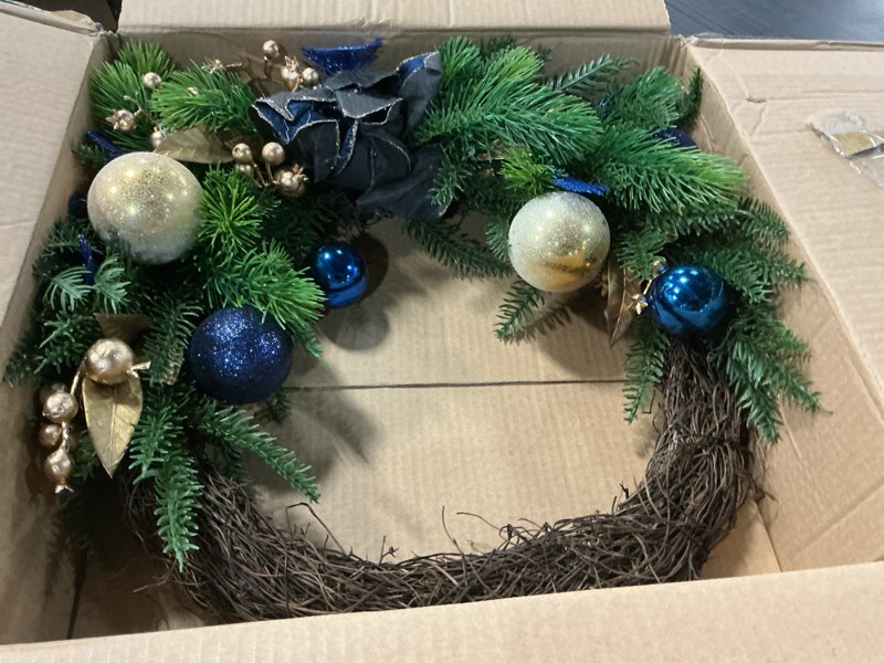 Condition photo showing Good Condition for 24" Christmas Wreath for Front Door – Artificial Winter Half Wreath with Blue Velvet Maglonia Flower, Ball Ornaments, Berry Clusters for Indoor & Covered Outdoor Holiday Christmas Decoration Blue-gold