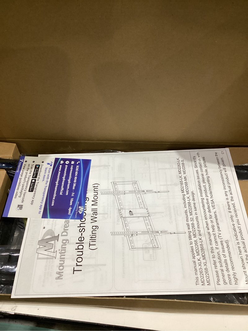Condition photo showing New/Like New for Mounting Dream TV Wall Mount for Most 37-75 Inch TVs, Universal Tilt TV Mount Fit 16", 18", 24" Stud with Loading Capacity 132lbs, Max Vesa 600 x 400mm, Low Profile Flat Wall Mount TV Bracket Black