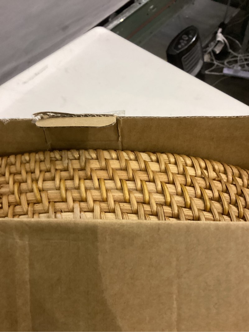 Condition photo showing As Is for Rattan Serving Tray, Wicker Round Fruit/Bread Serving Basket, Extra Large Decorative Ottoman Tray for Living Room, Coffee Table, Breakfast, 16.9 inch 16.9" Natural 1