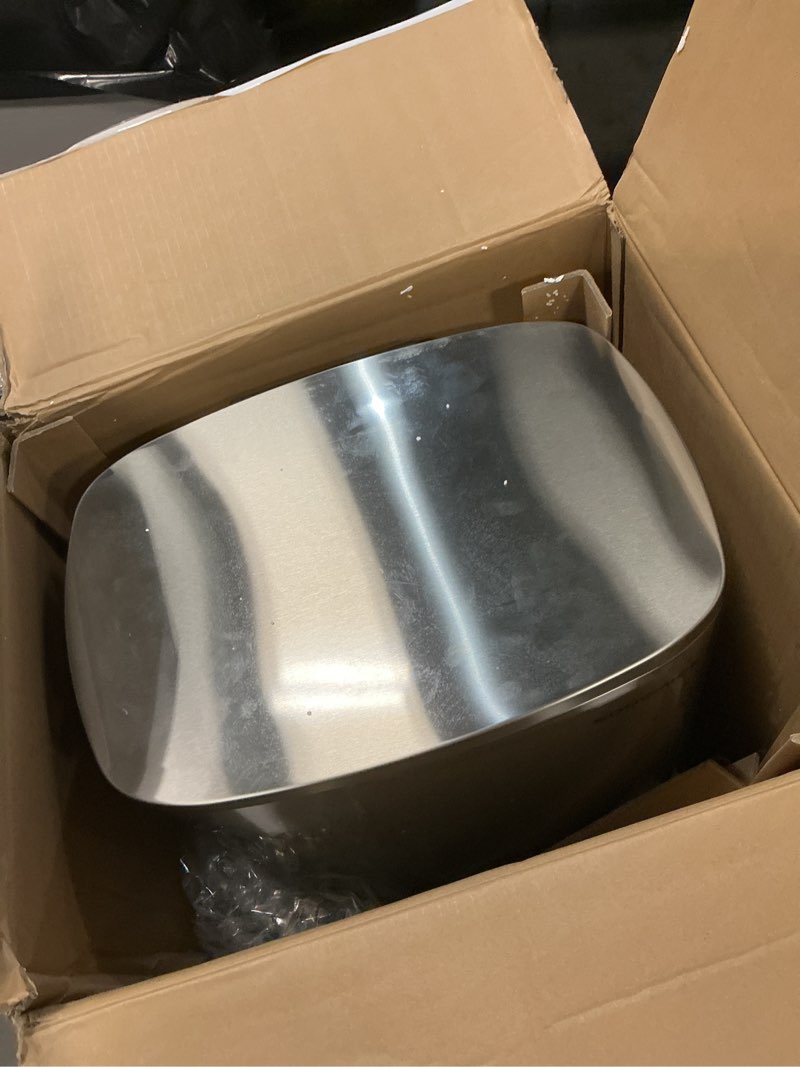 Condition photo showing As Is for songmics trash can, 13-gallon gabbage can, with 15 trash bags, stainless steel, with soft-close lid, removable inner bucket, handles, silver ultb595e01 stainless steel trash can silver