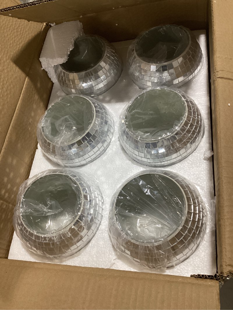 Condition photo showing New/Like New for WDHODEC 6PCS Glass Disco Ball Vase 6x4 Inches Silver Mosaic Mirror Disco Ball Planter Décor Candle Holder for Table Centerpieces Wedding Birthday Party Christmas Table Decor Large Large 6 Pcs